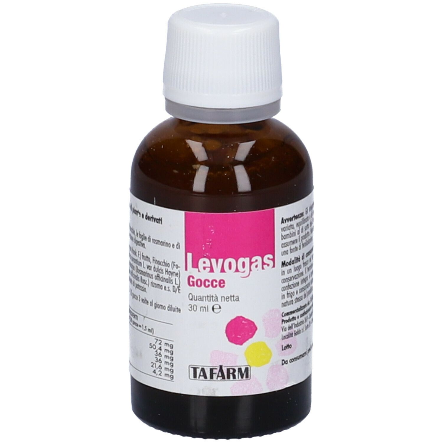 Flacone di vetro marrone con tappo bianco ed etichetta rosa e bianca. L'etichetta indica nome, ingredienti e quantità del prodotto.