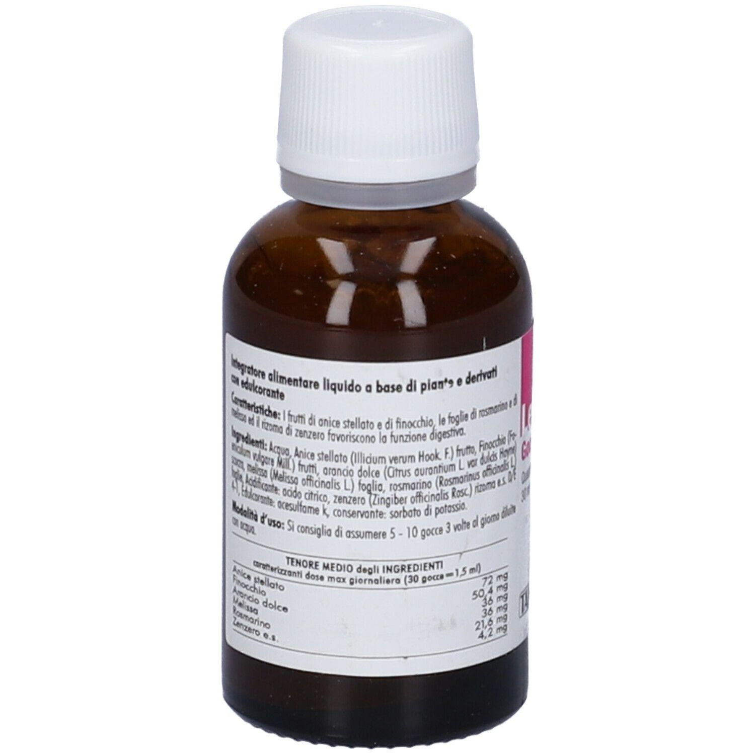 Flacone di vetro marrone con tappo bianco. L'etichetta elenca ingredienti e informazioni nutrizionali.