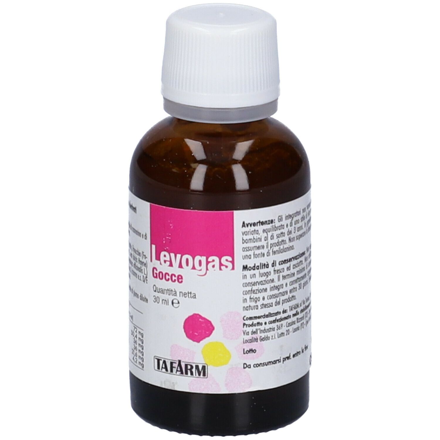 Flacone di vetro marrone con tappo bianco ed etichetta rosa e bianca. L'etichetta indica nome, quantità e ingredienti del prodotto.