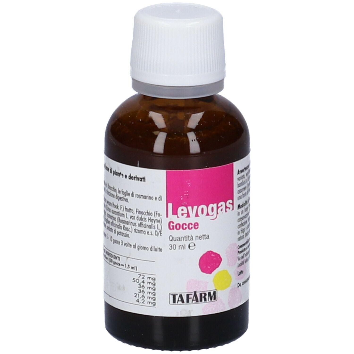 Flacone di vetro marrone con tappo bianco ed etichetta rosa e bianca. L'etichetta indica nome, quantità e ingredienti del prodotto.