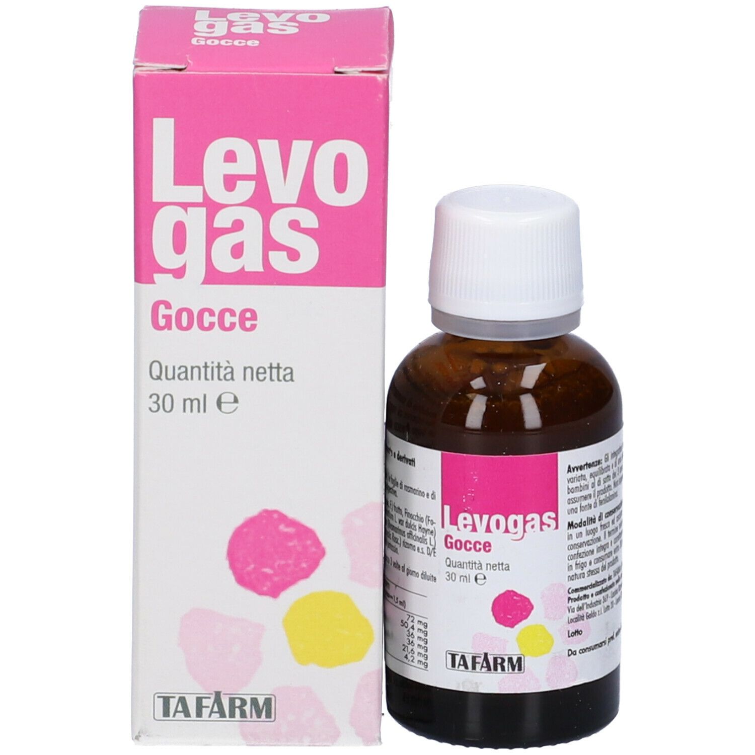 Flacone di vetro marrone con tappo bianco ed etichetta rosa e bianca. Accanto, una scatola rosa e bianca con nome e logo del prodotto.
