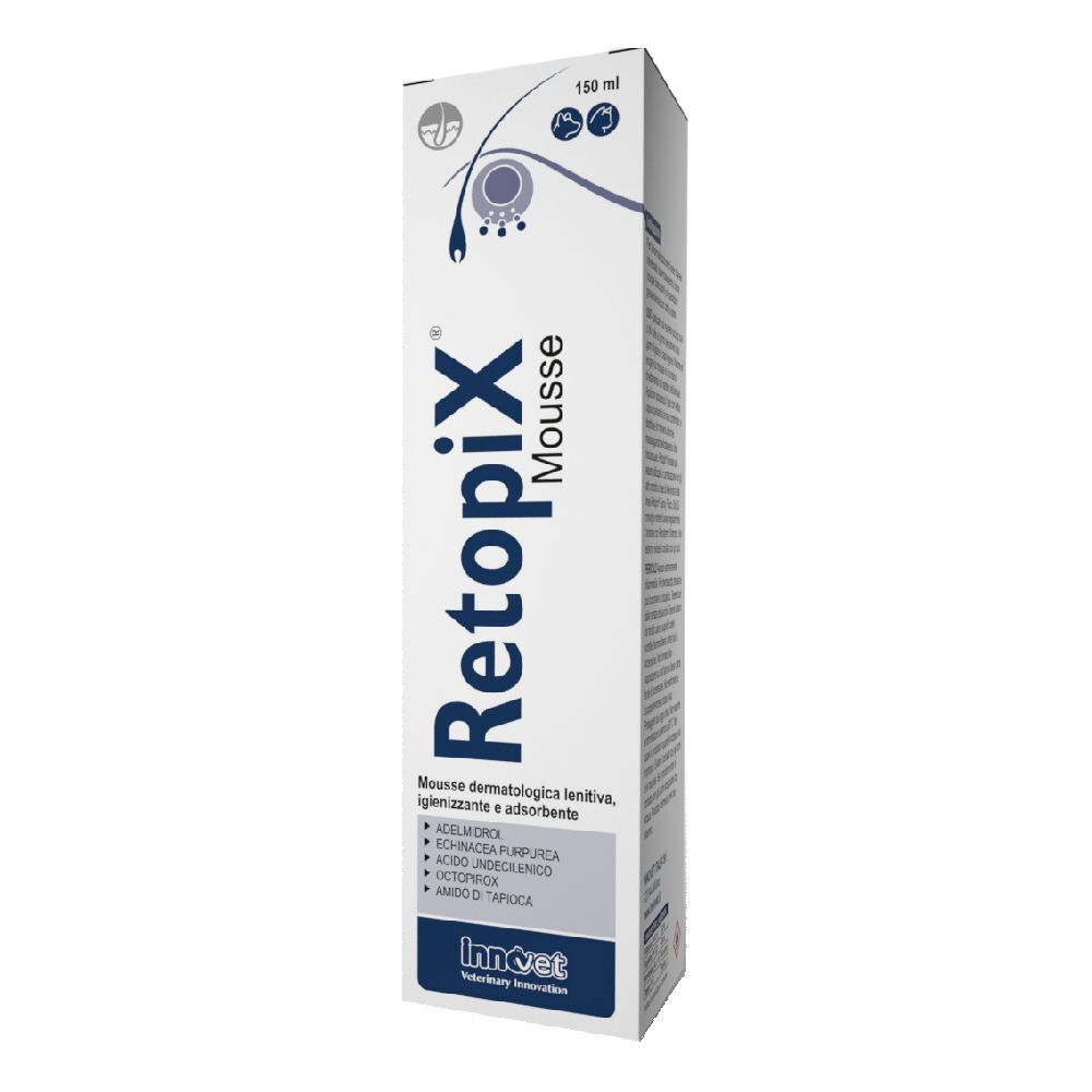 Confezione bianca con nome prodotto Retopix Mousse. In alto a destra: 150 ml. In basso: logo InnoVet. Testo in italiano.