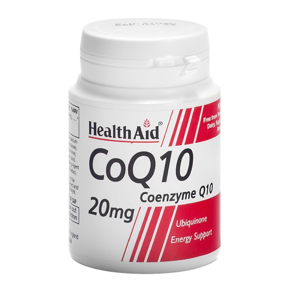 Flacone bianco con etichetta rossa e bianca. Scritta: Health Aid, CoQ10, 20mg, Coenzima Q10, Ubichinone, Supporto energetico.