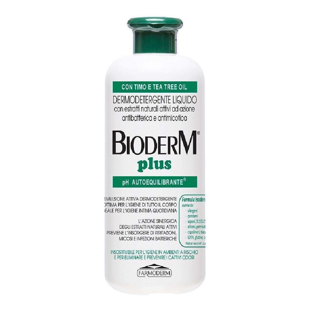 Flacone bianco con tappo verde. Scritta Bioderm plus. Testo in italiano.