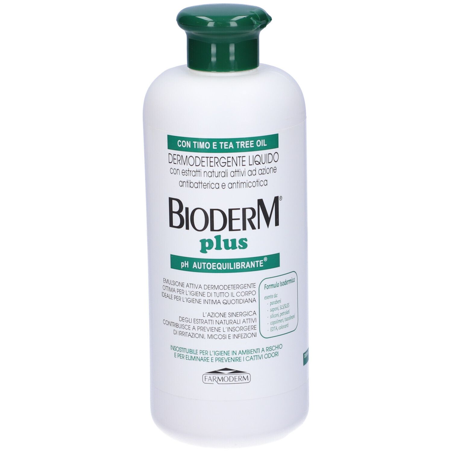 Flacone bianco con tappo verde. Scritta Bioderm plus. Testo in italiano.