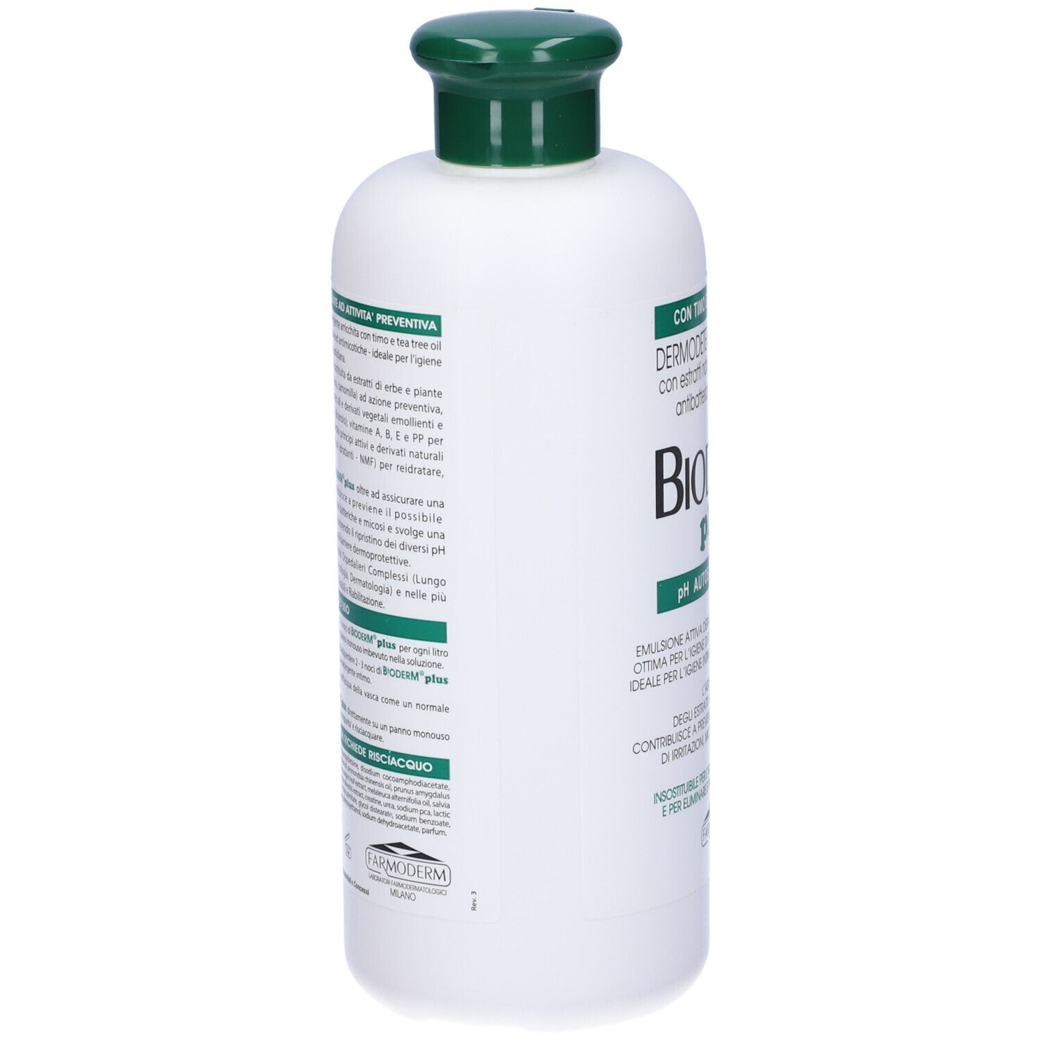 Flacone bianco con tappo verde. Scritta Bioderm plus. Testo in italiano.