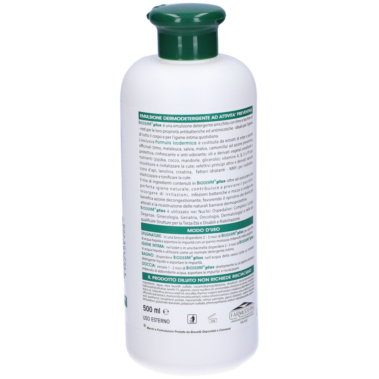 Flacone bianco con tappo verde. Scritta Bioderm plus. Testo in italiano.