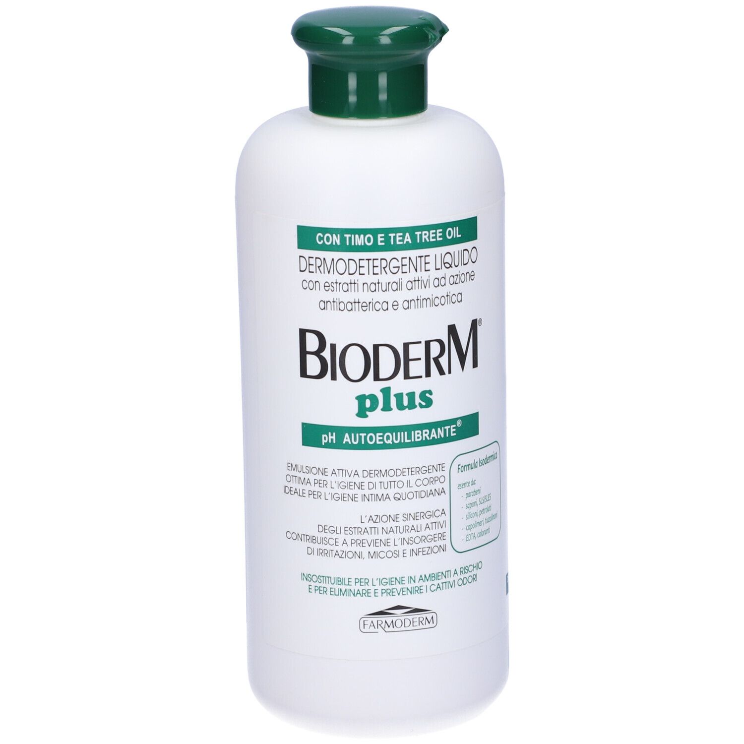 Flacone bianco con tappo verde. Scritta Bioderm plus. Testo in italiano.