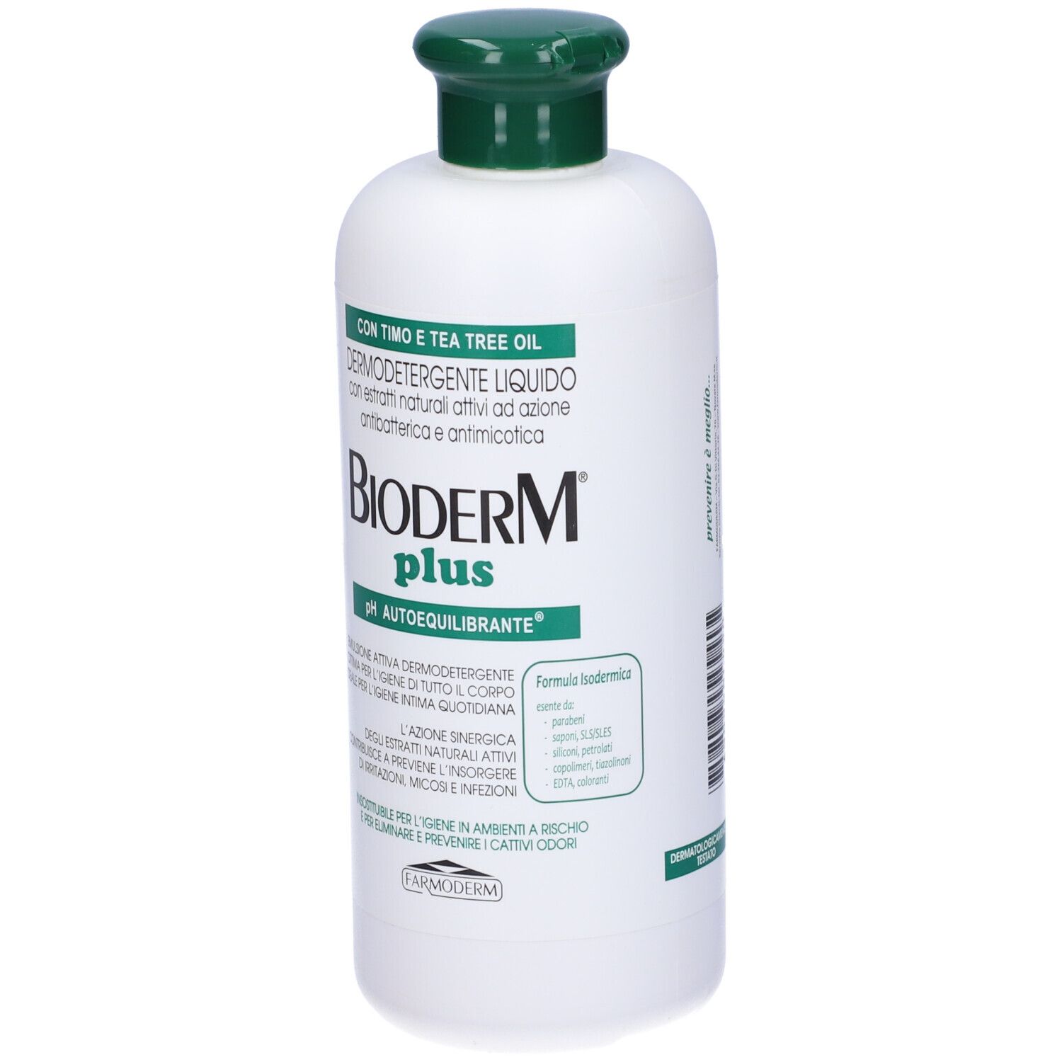 Flacone bianco con tappo verde. Scritta Bioderm plus. Testo in italiano.