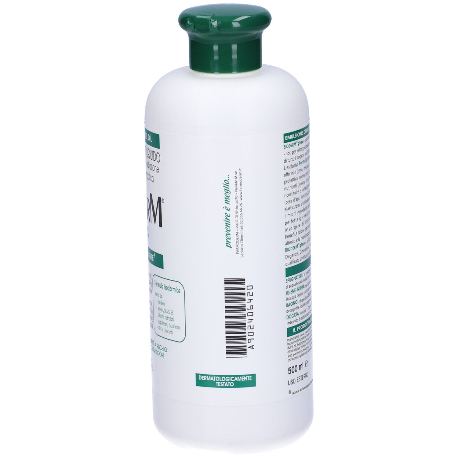 Flacone bianco con tappo verde. Scritta Bioderm plus. Testo in italiano.