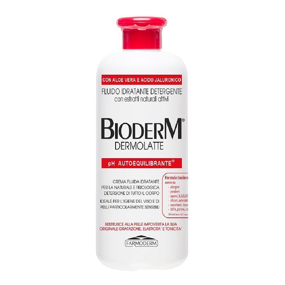 Flacone bianco con tappo rosso. Scritta Bioderm Dermolatte. Testo: Fludo idratante detergente. Con Aloe Vera e acido ialuronico.
