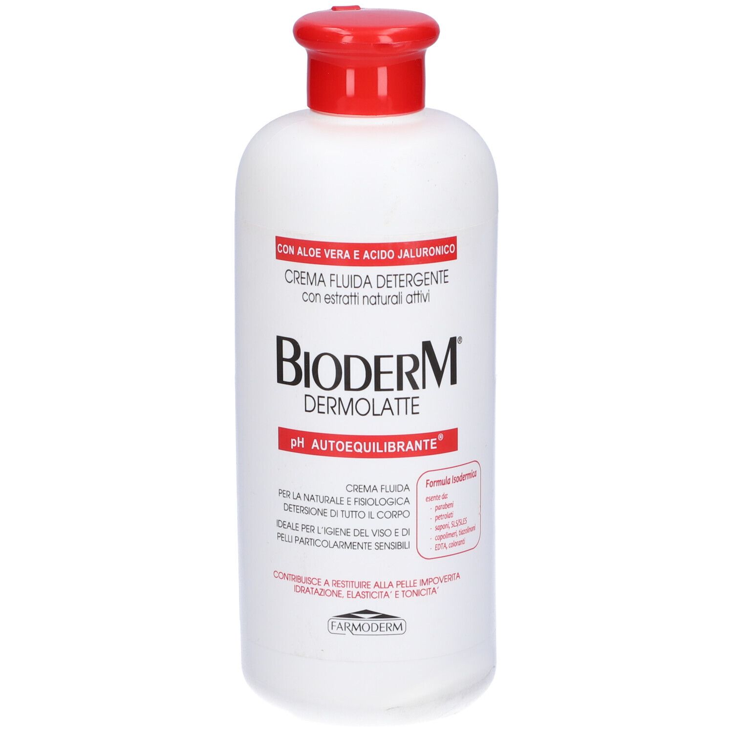 Flacone bianco con tappo rosso. Scritta Bioderm Dermolatte. Testo: Crema fluida detergente. Con Aloe Vera e acido ialuronico.