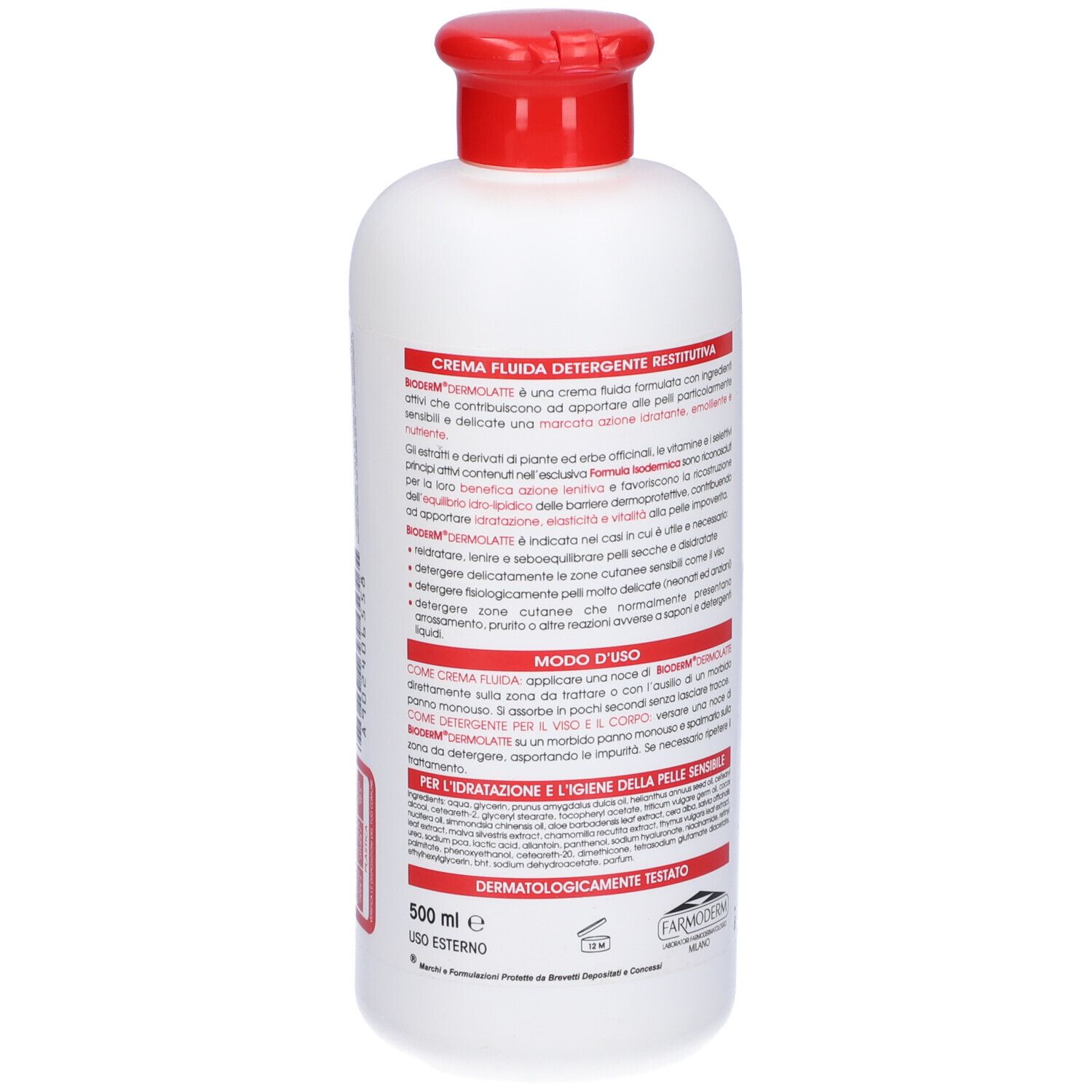 Flacone bianco con tappo rosso. Testo sul retro. Scritta Bioderm Dermolatte. 500 ml.