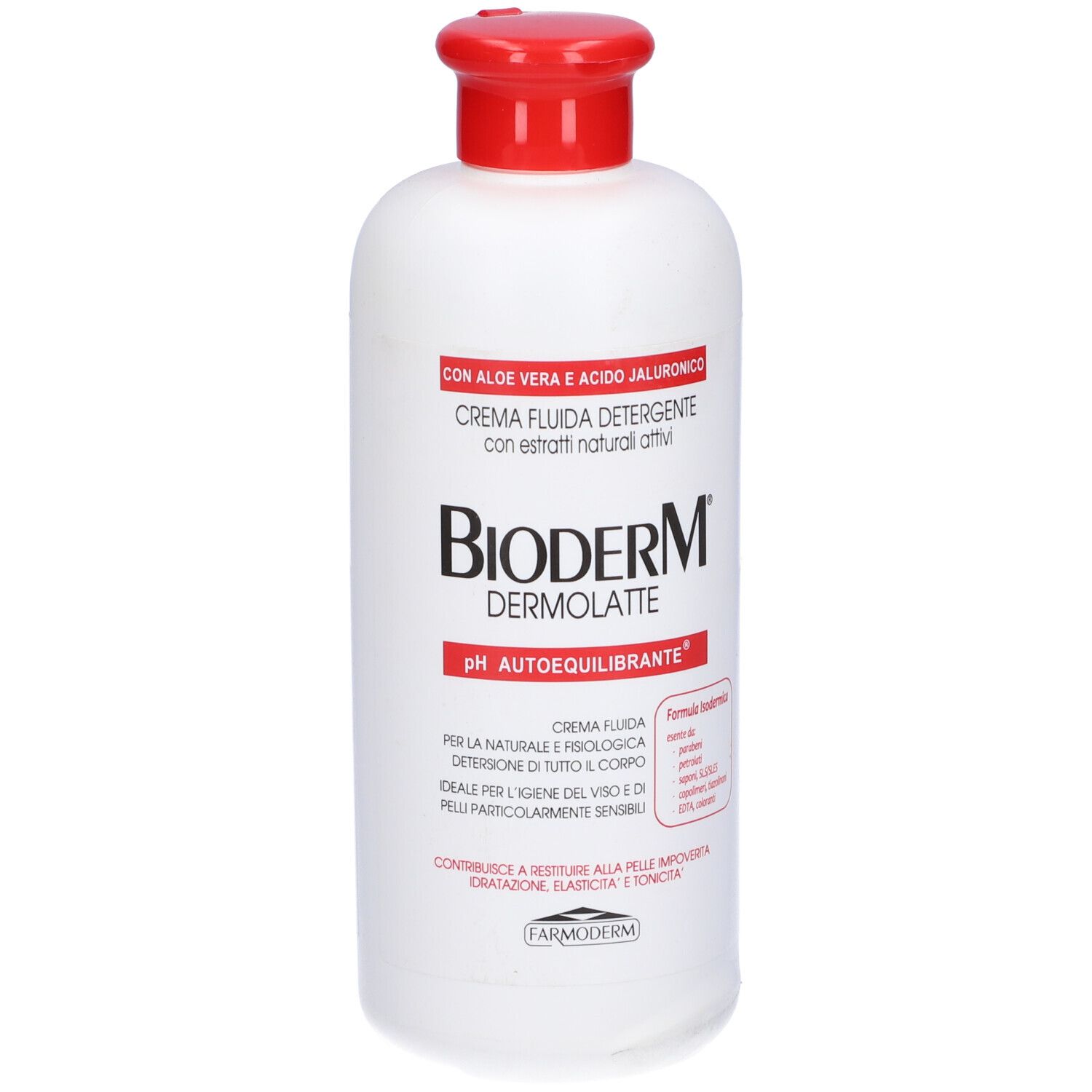 Flacone bianco con tappo rosso. Scritta Bioderm Dermolatte. Testo: Crema fluida detergente. Con Aloe Vera e acido ialuronico.