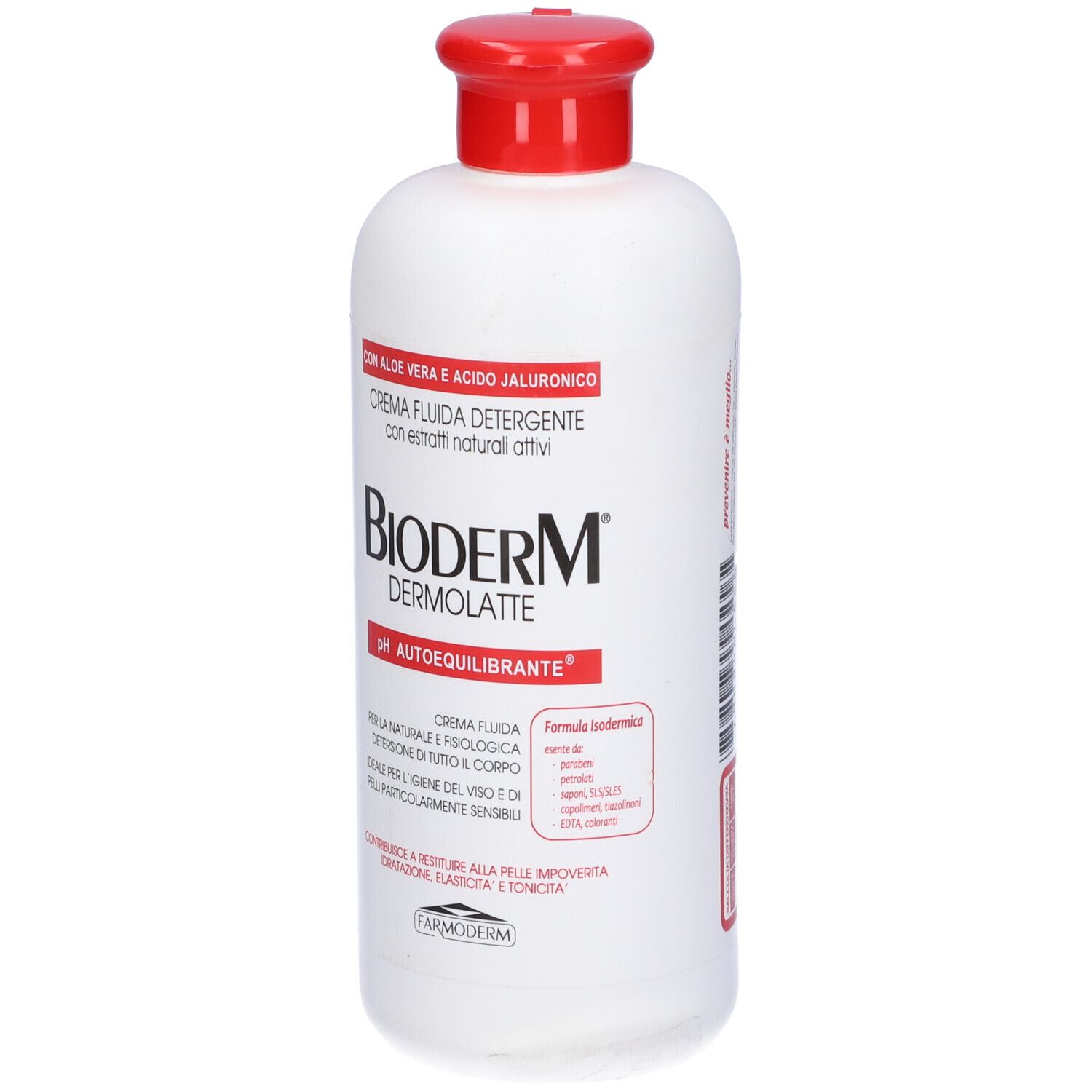 Flacone bianco con tappo rosso. Scritta Bioderm Dermolatte. Testo: Crema fluida detergente. Con Aloe Vera e acido ialuronico.