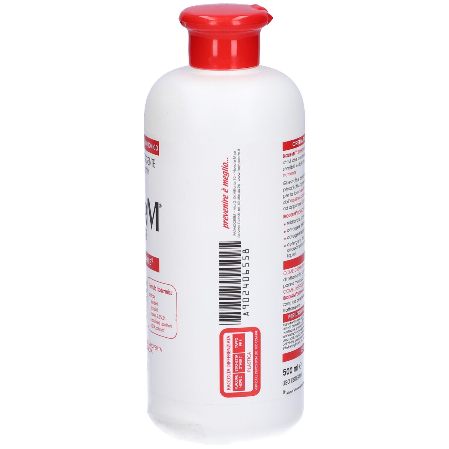 Flacone bianco con tappo rosso. Testo e codice a barre sul retro. Scritta Bioderm Dermolatte.