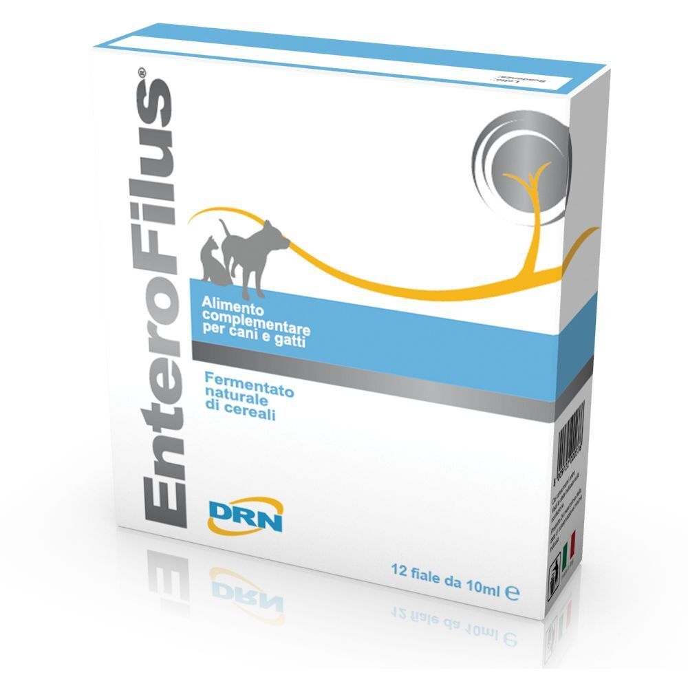 Scatola EnteroFilus, 12 fiale. Scritta EnteroFilus, logo cane e gatto. Testo: Alimento complementare per cani e gatti. Logo DRN.
