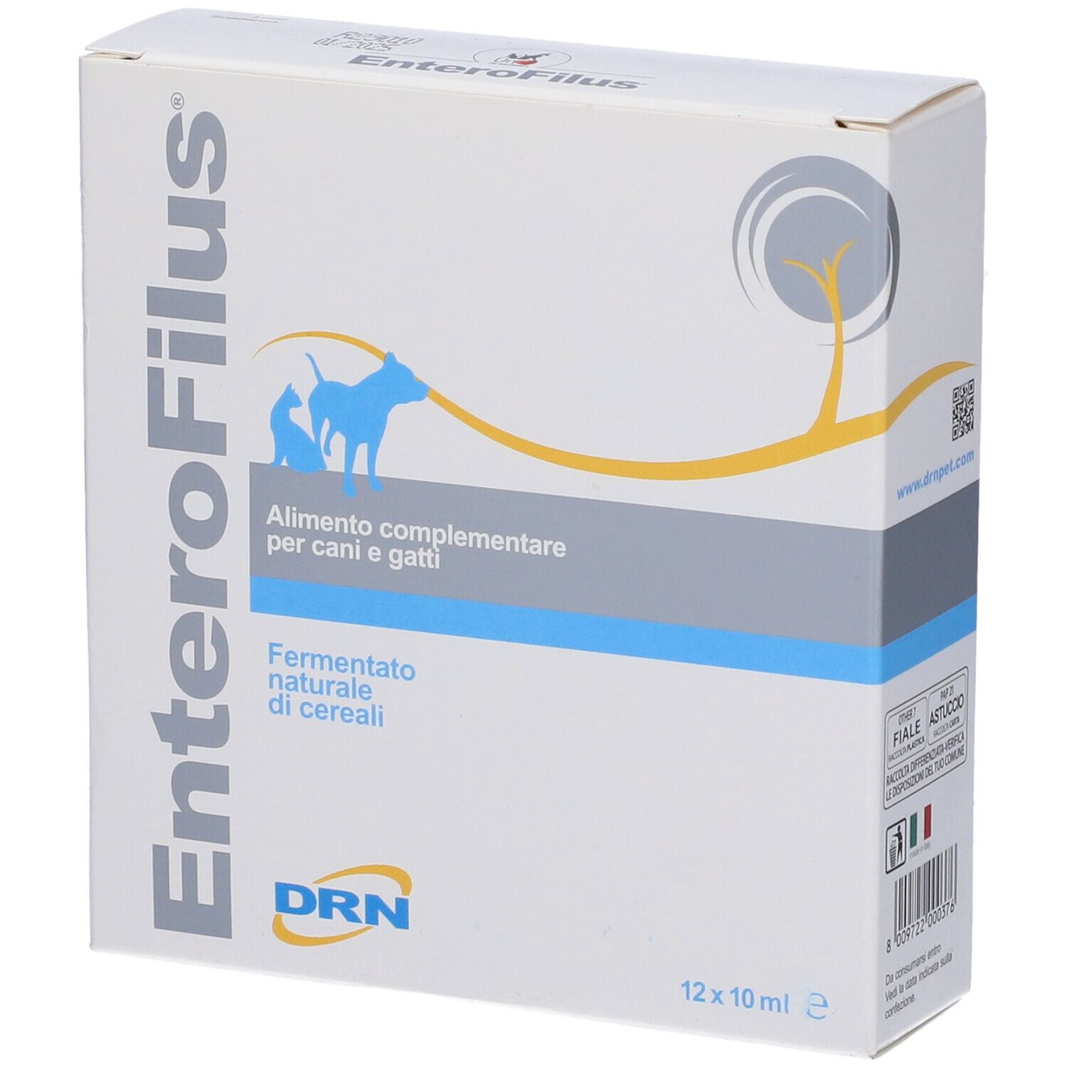Scatola EnteroFilus, 12 fiale. Scritta EnteroFilus, logo cane e gatto. Testo: Alimento complementare per cani e gatti. Logo DRN.