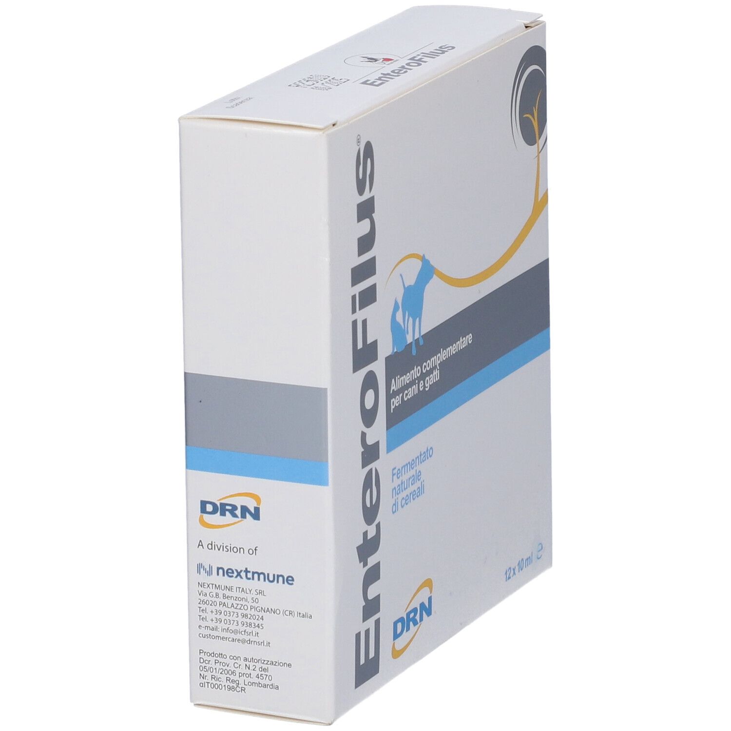 Scatola EnteroFilus, 12 fiale. Scritta EnteroFilus, logo cane e gatto. Testo: Alimento complementare per cani e gatti. Logo DRN.
