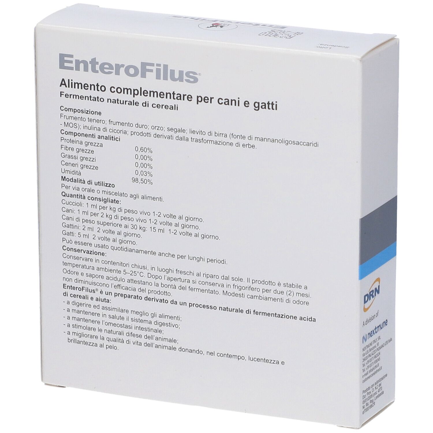 Scatola EnteroFilus, retro. Testo: Alimento complementare per cani e gatti. Ingredienti, istruzioni per l'uso. Logo DRN. Testo: Modelli cambiamenti di acidi.
