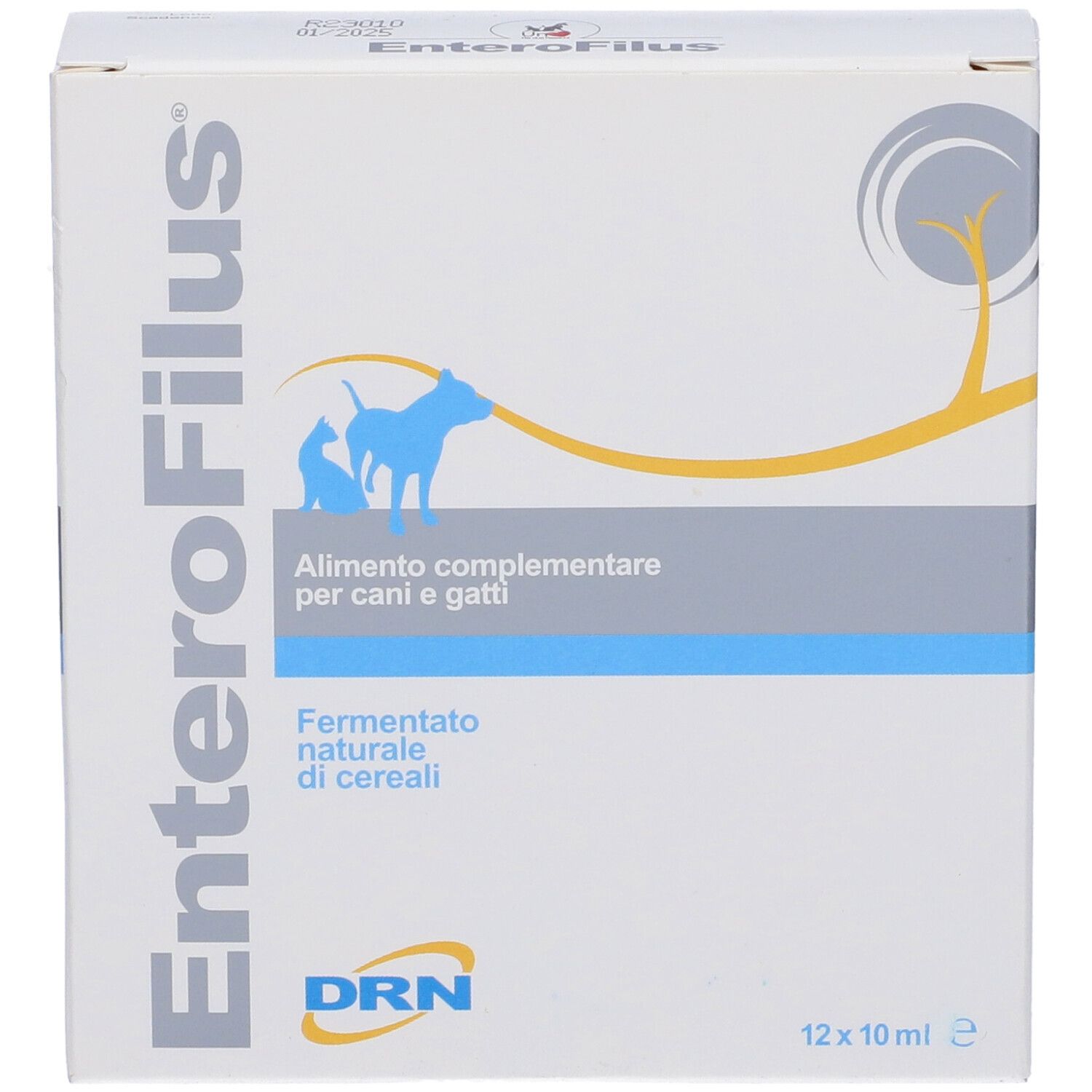 Scatola EnteroFilus, 12 fiale. Scritta EnteroFilus, logo cane e gatto. Testo: Alimento complementare per cani e gatti. Logo DRN.