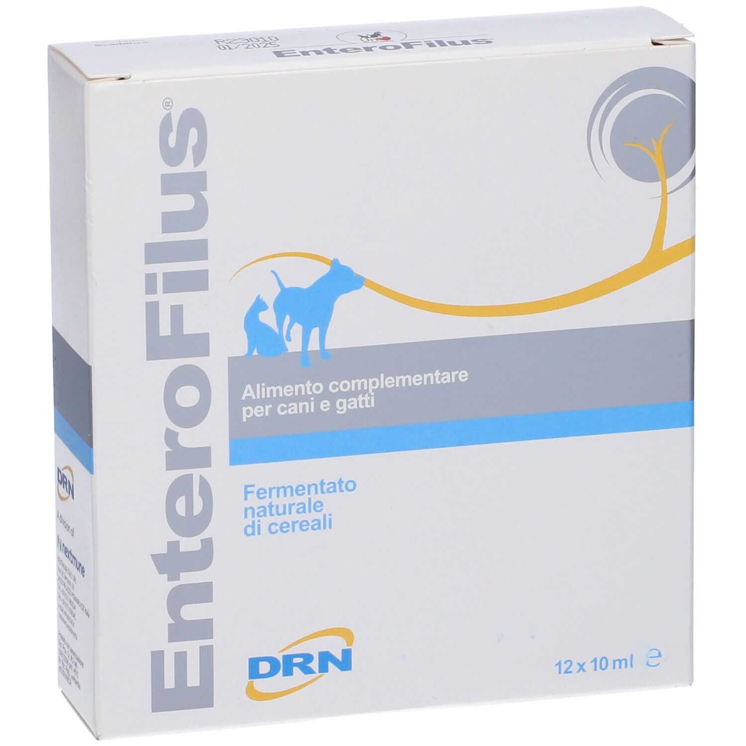 Scatola EnteroFilus, 12 fiale. Scritta EnteroFilus, logo cane e gatto. Testo: Alimento complementare per cani e gatti. Logo DRN.