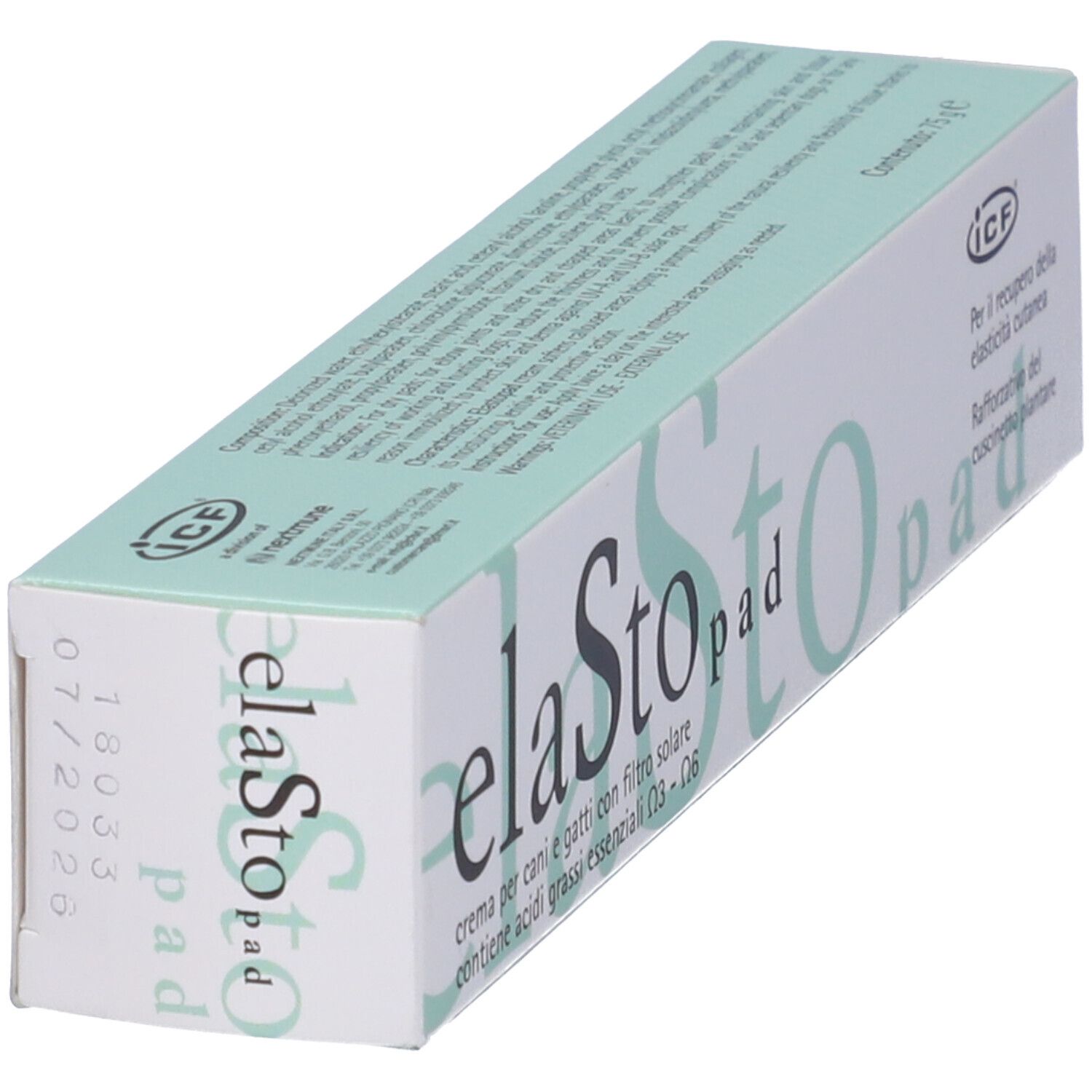 Confezione Elasto® Pad. Scatola bianca e verde con nome e testo del prodotto. Contiene crema per cani e gatti con protezione solare.