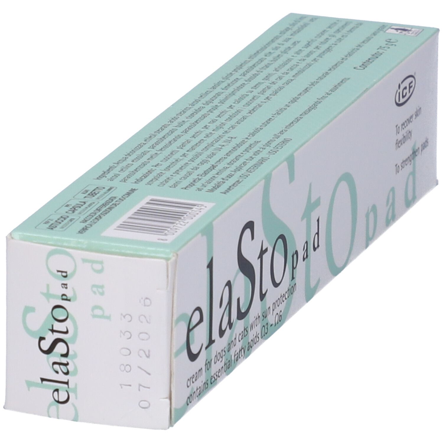 Confezione Elasto® Pad. Scatola bianca e verde con nome e testo del prodotto. Contiene crema per cani e gatti con protezione solare.