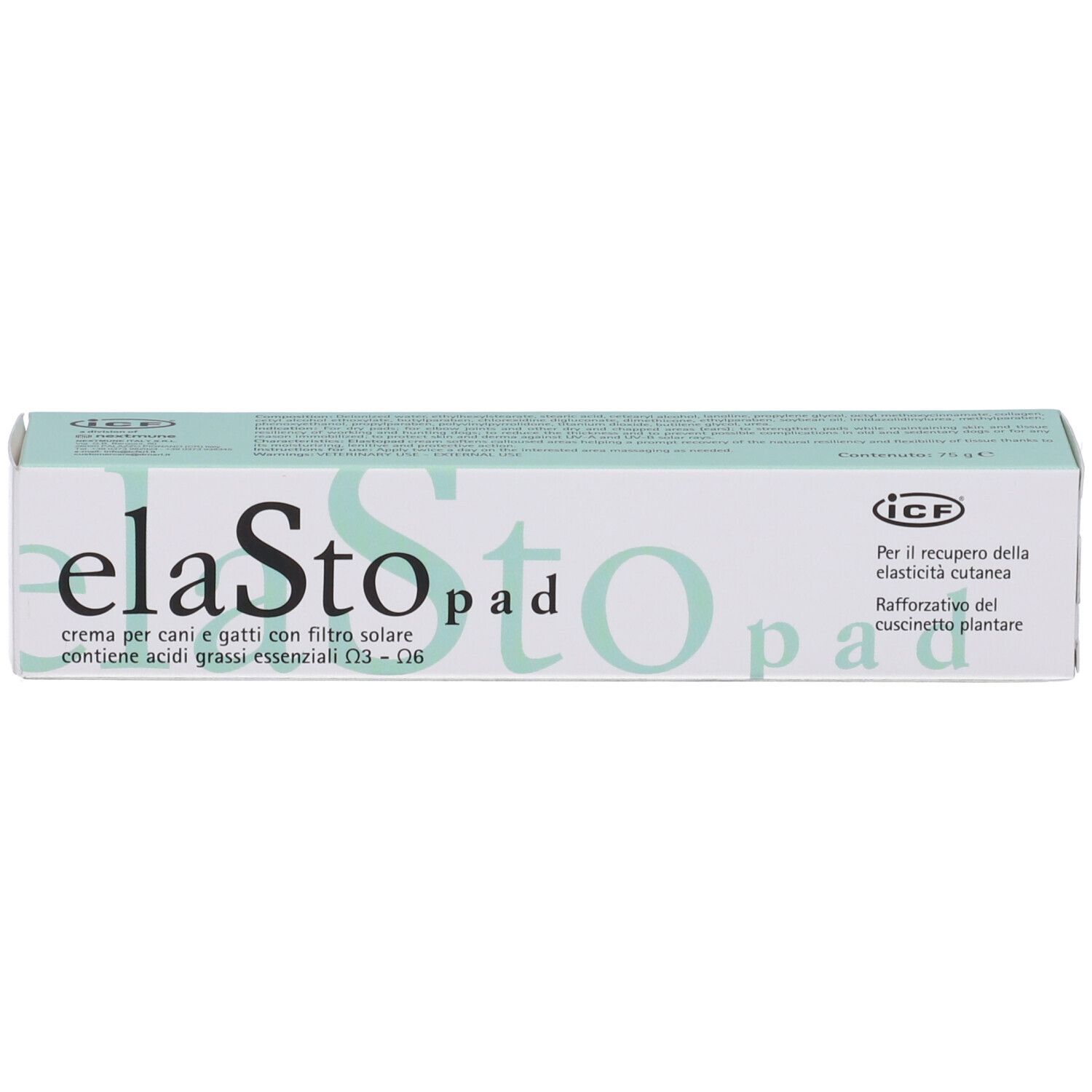 Confezione Elasto® Pad. Scatola bianca e verde con nome e testo del prodotto. Contiene crema per cani e gatti con protezione solare.