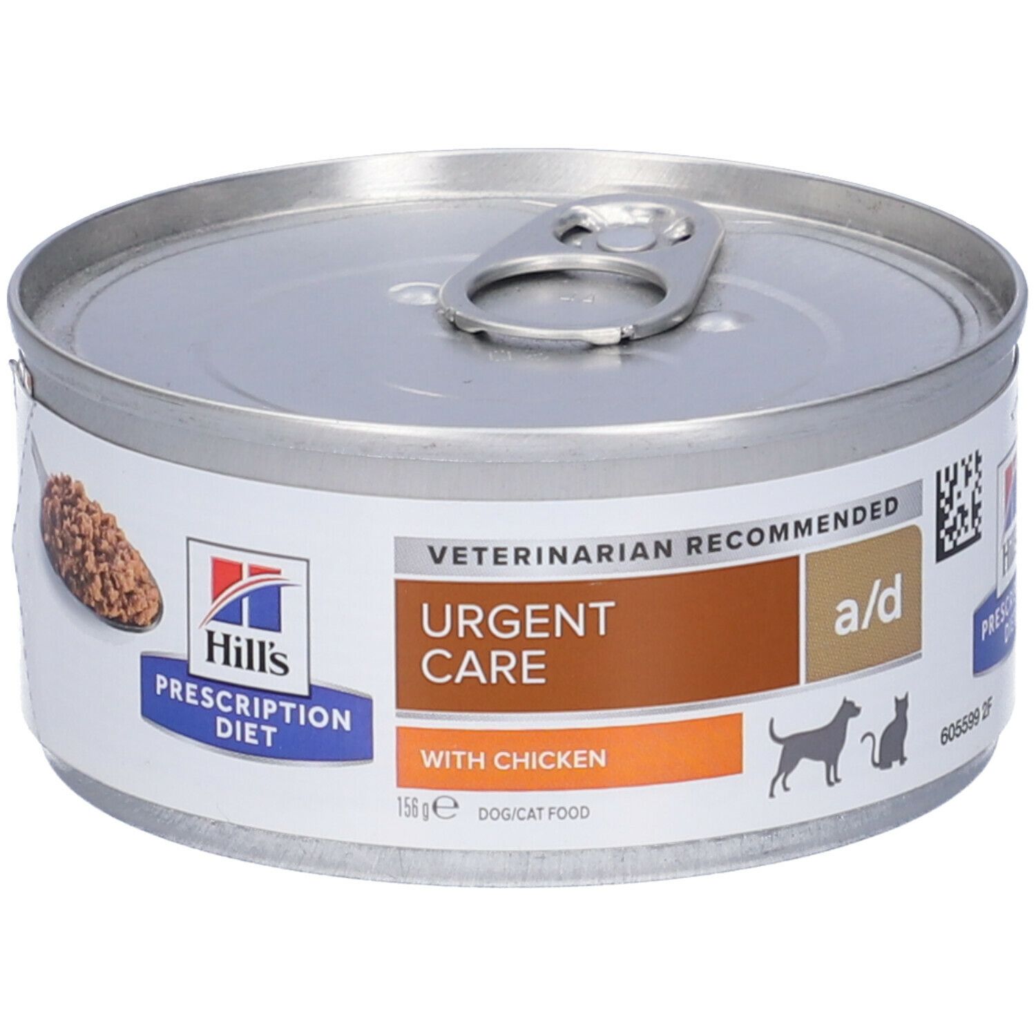 Lattina rotonda con coperchio. Scritta: Urgent Care a/d with Chicken. Logo Hill's Prescription Diet. Immagine di cibo.