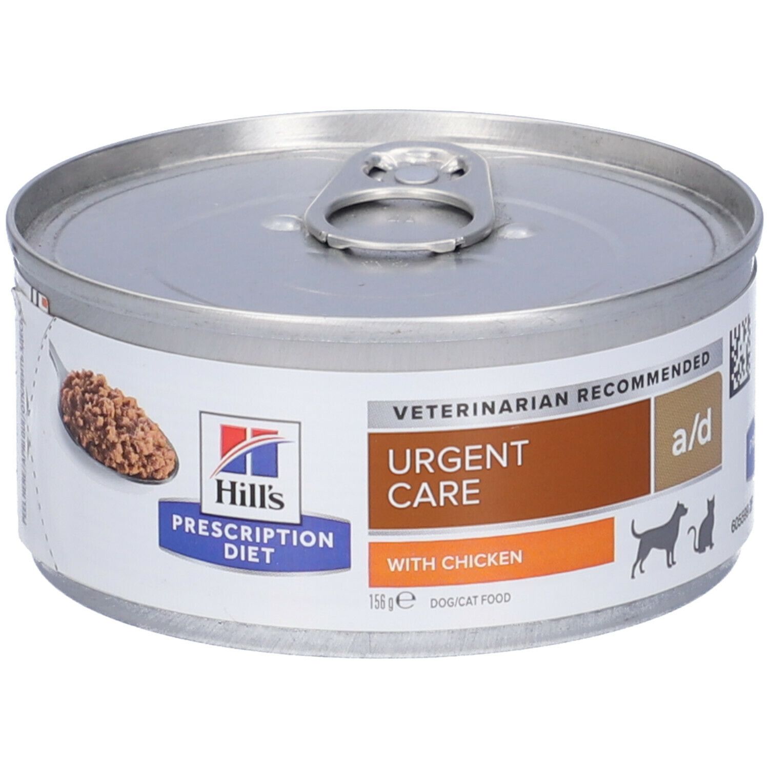 Lattina rotonda con coperchio. Scritta: Urgent Care a/d with Chicken. Logo Hill's Prescription Diet. Immagine di cibo.
