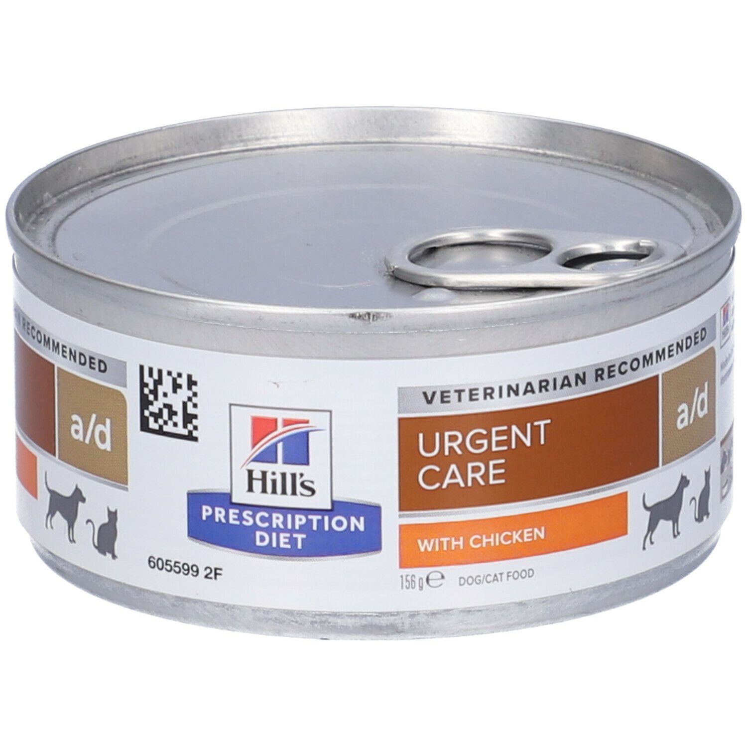 Lattina rotonda con coperchio. Scritta: Urgent Care a/d with Chicken. Logo Hill's Prescription Diet. Immagine cane e gatto.
