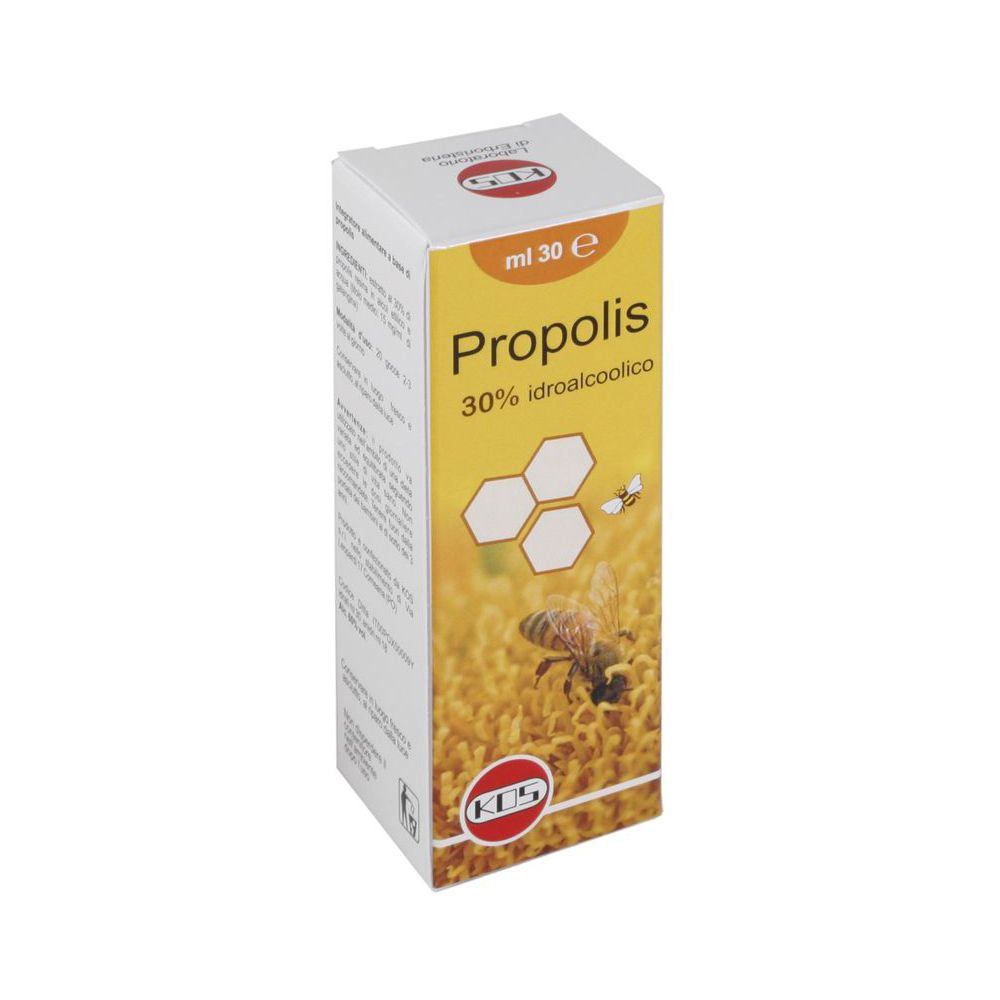 KOS Propolis 30% Idroalcolico Gocce. Scatola giallo-bianca con immagine del prodotto. Scritta: Propolis, api, 30 ml.