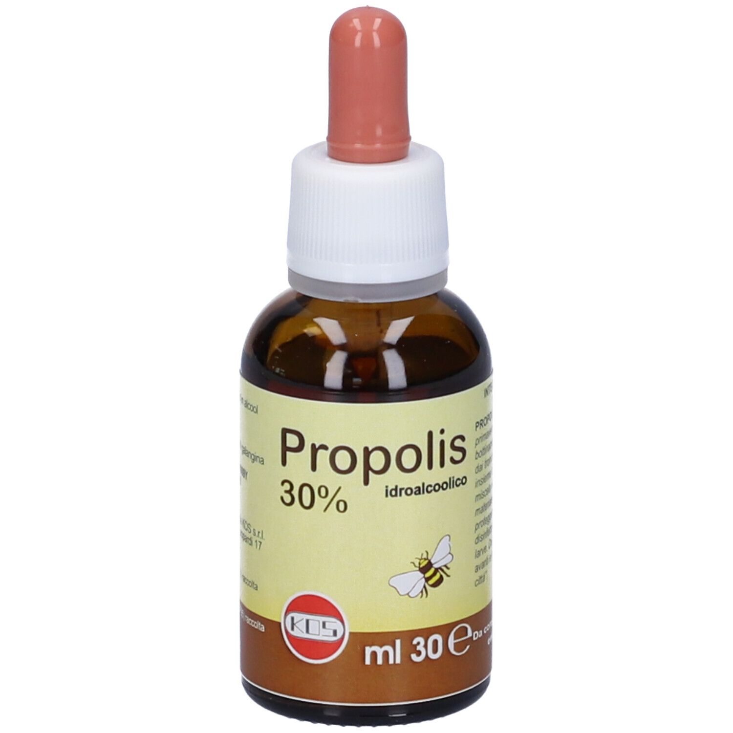 Flacone di vetro marrone con contagocce. Scritta: Propolis 30% idroalcolico. Etichetta con ape e logo KOS. 30 ml.
