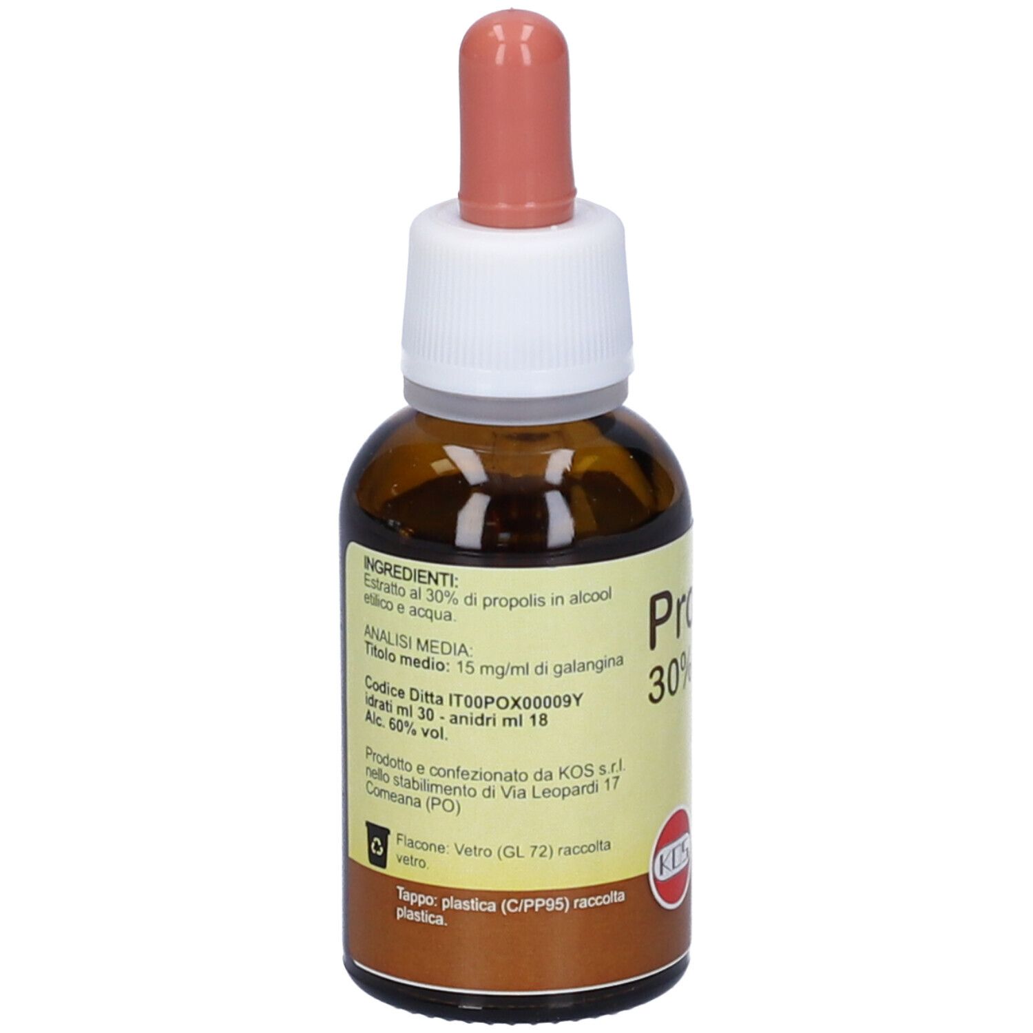 Flacone di vetro marrone con contagocce. Scritta: Propolis 30% idroalcolico. Etichetta con ingredienti, logo KOS. 30 ml.