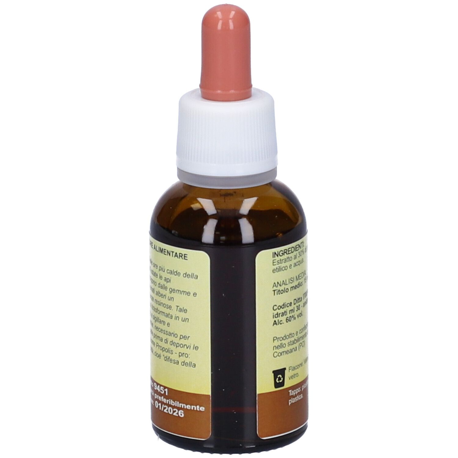 Flacone di vetro marrone con contagocce. Scritta: Propolis 30% idroalcolico. Etichetta con ingredienti, logo KOS. 30 ml.
