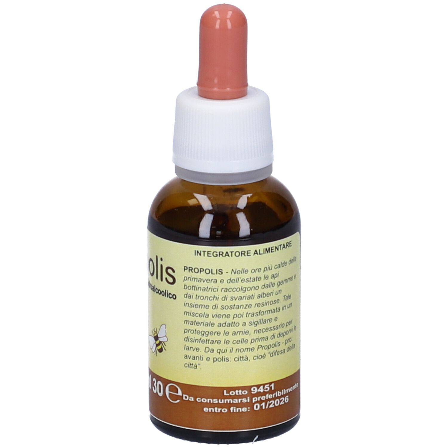 Flacone di vetro marrone con contagocce. Scritta: Propolis 30% idroalcolico. Etichetta con ingredienti, logo KOS. 30 ml.