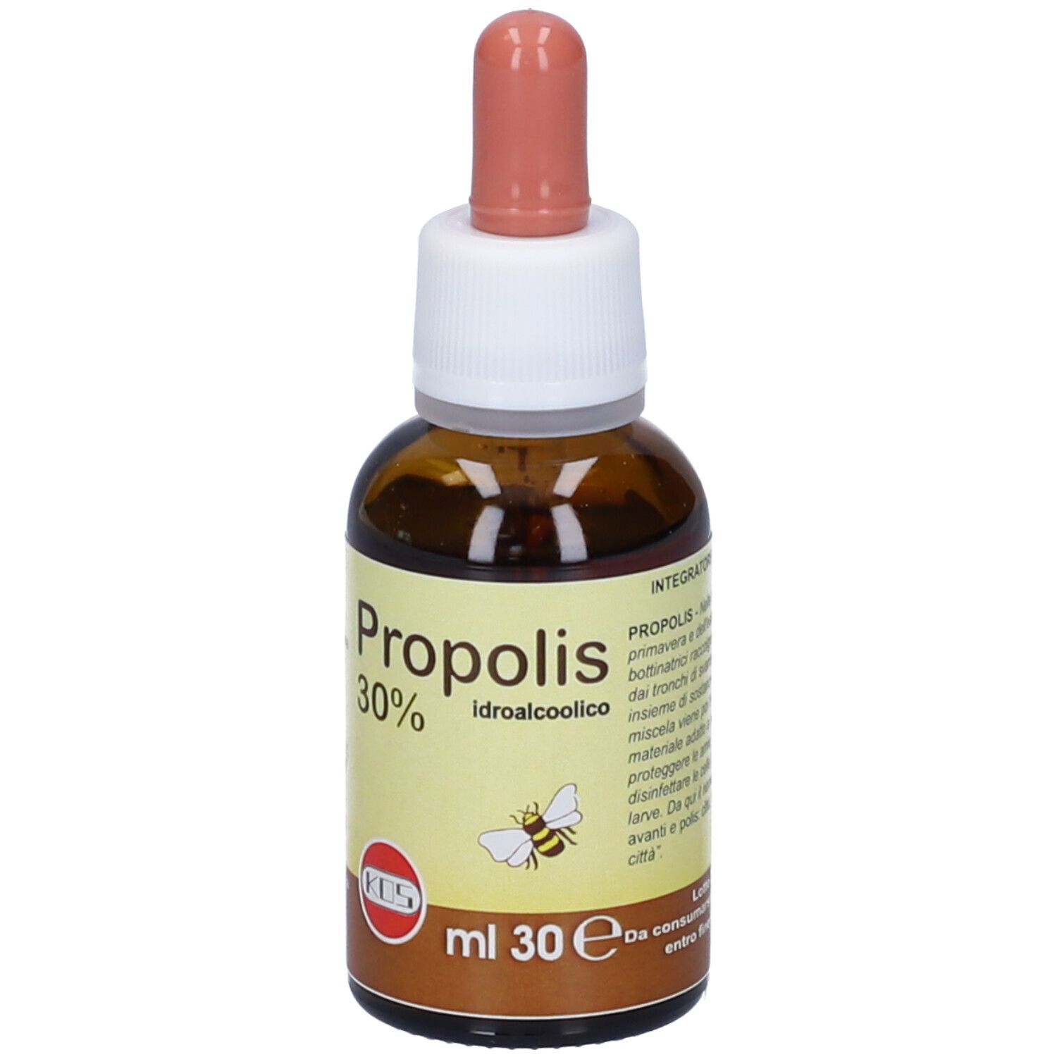 Flacone di vetro marrone con contagocce. Scritta: Propolis 30% idroalcolico. Etichetta con ingredienti, logo KOS. 30 ml.