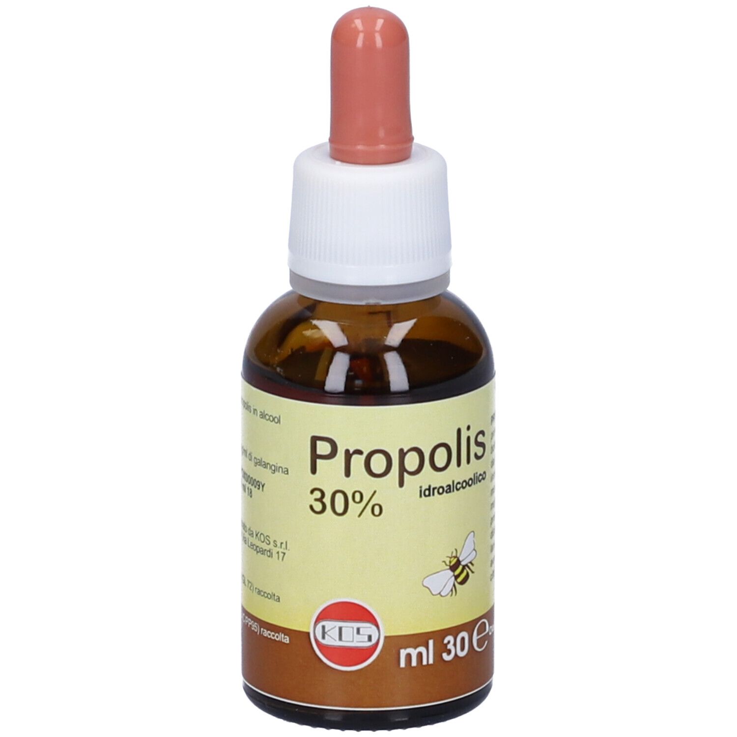 Flacone di vetro marrone con contagocce. Scritta: Propolis 30% idroalcolico. Etichetta con ingredienti, logo KOS. 30 ml.