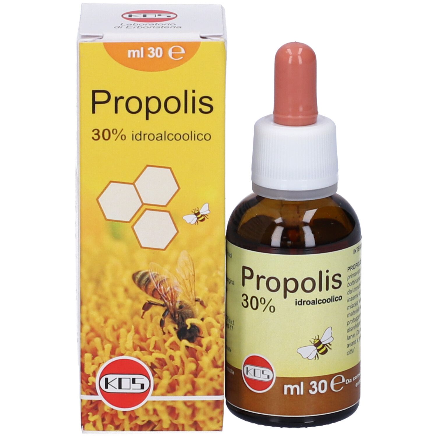 Flacone marrone con contagocce e scatola. Scritta: Propolis 30% idroalcolico. Logo KOS. 30 ml.