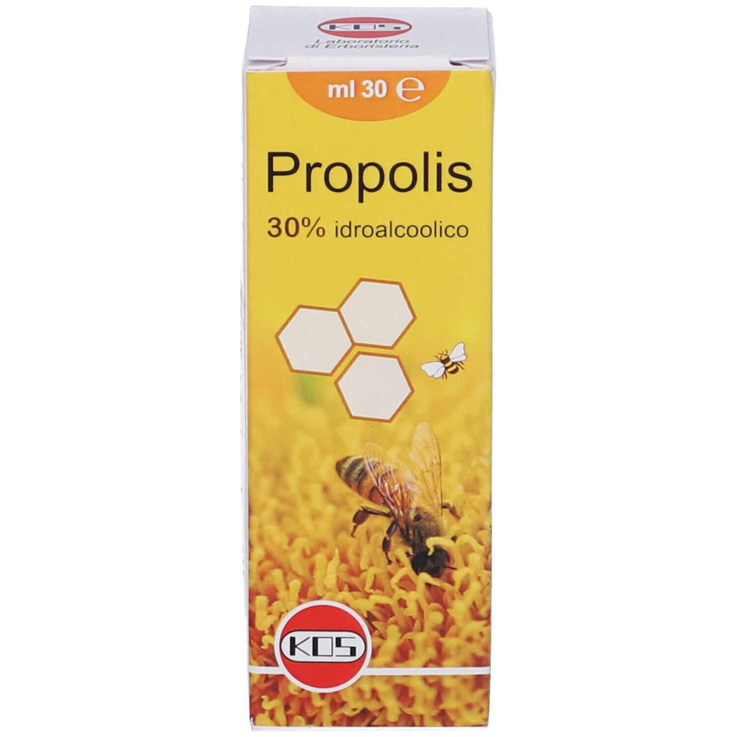 Scatola con immagine del prodotto. Scritta: Propolis 30% idroalcolico. Logo KOS. 30 ml.