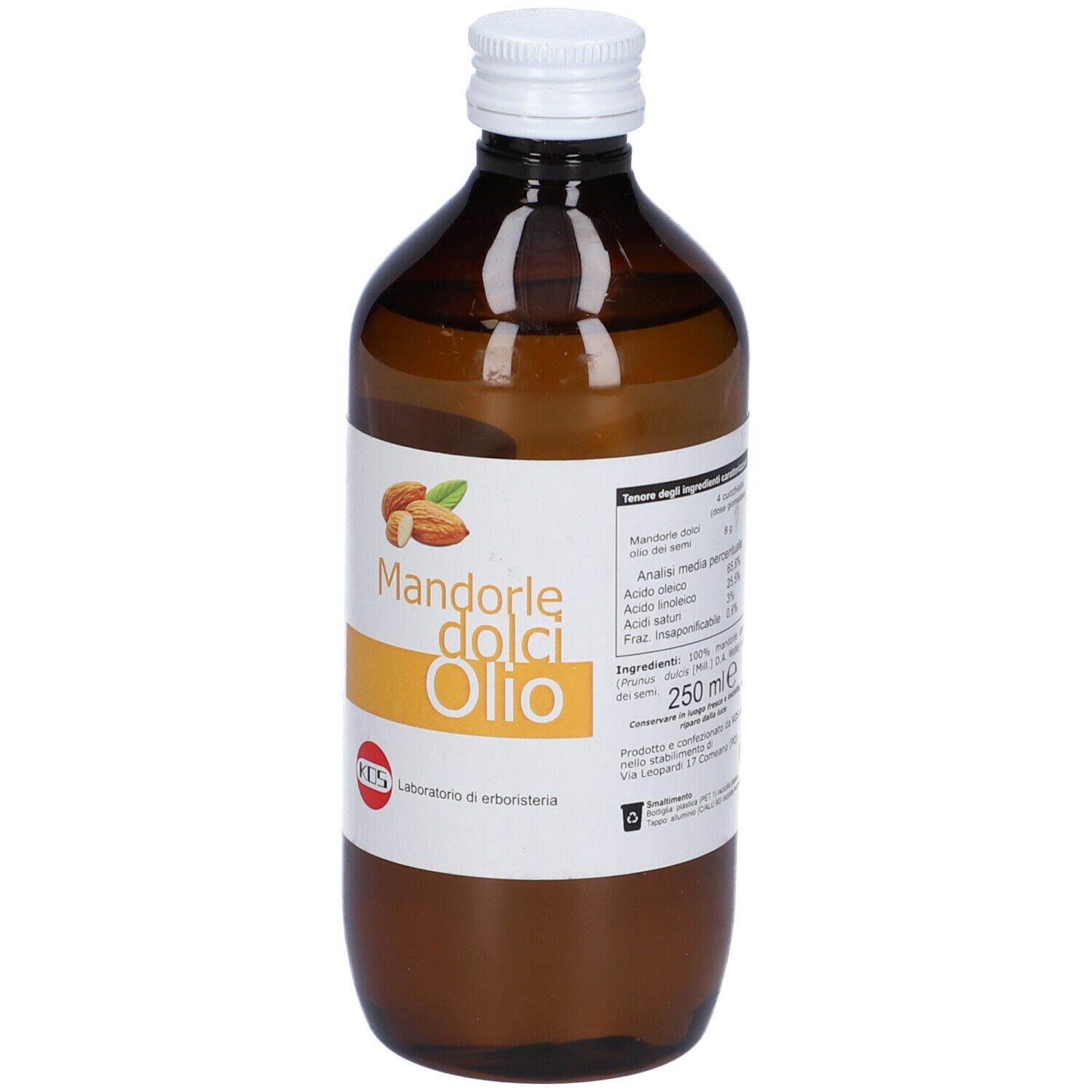 Bottiglia di vetro marrone con tappo bianco. Etichetta con nome prodotto: Mandorle dolci Olio. Logo KOS. 250 ml.