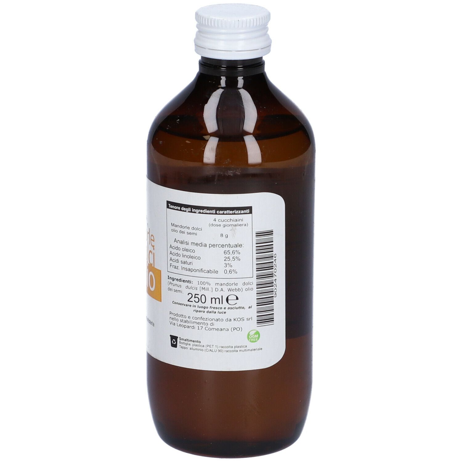 Bottiglia vetro marrone con tappo bianco. Etichetta con informazioni prodotto. Logo KOS. 250 ml.