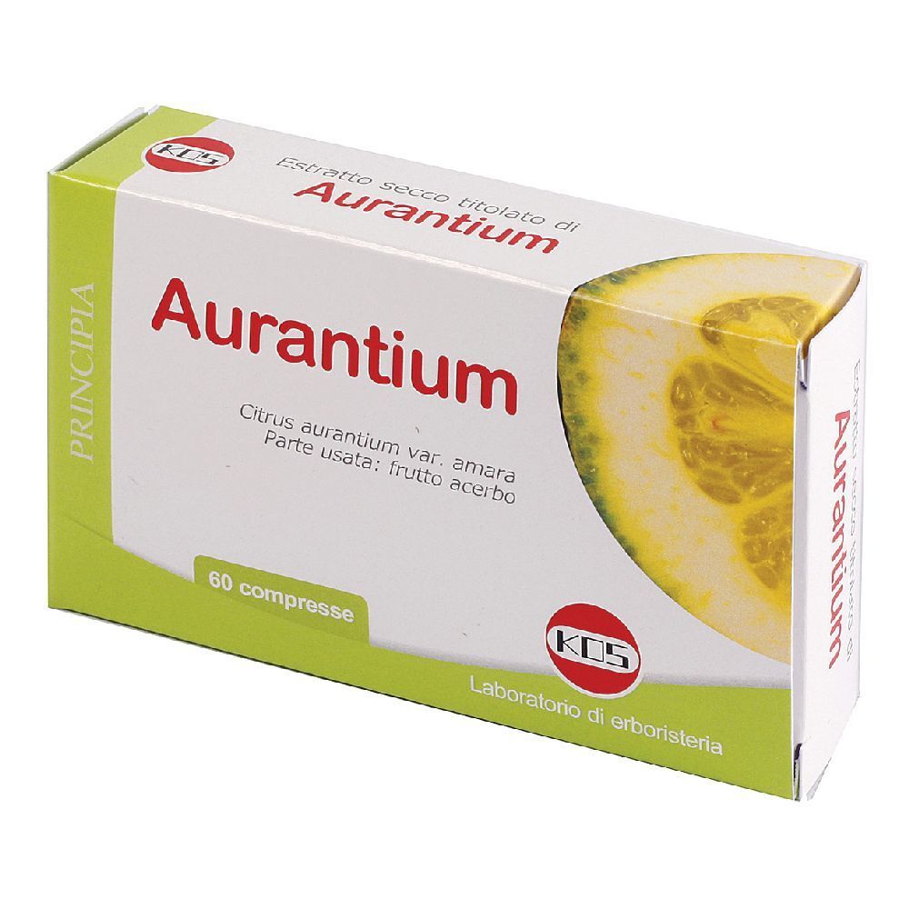 Scatola di compresse Aurantium. Scritta: Aurantium, 60 compresse. Logo KOS. Illustrazione di limone.