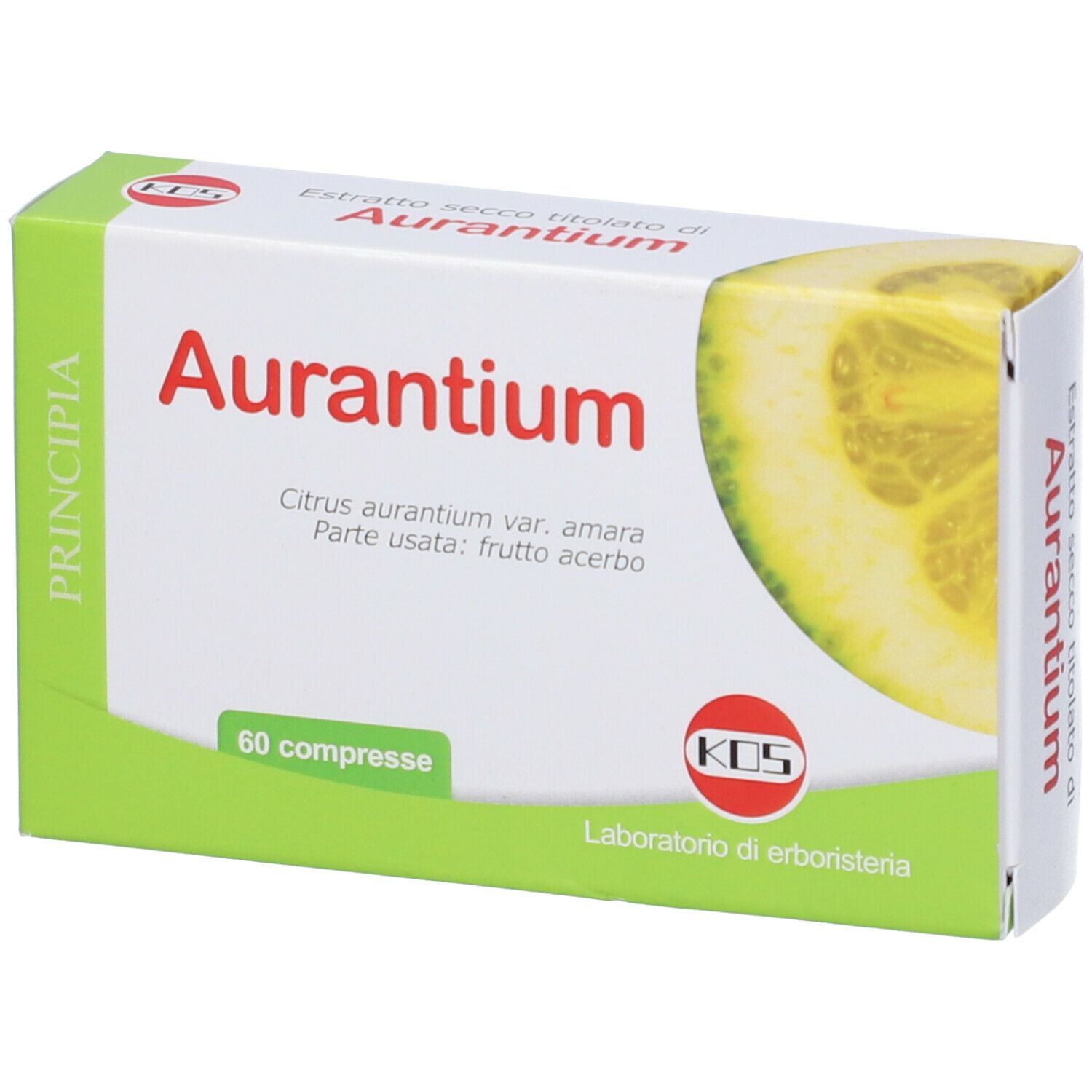 Scatola di compresse Aurantium. Scritta: Aurantium, 60 compresse. Logo KOS. Illustrazione di limone.