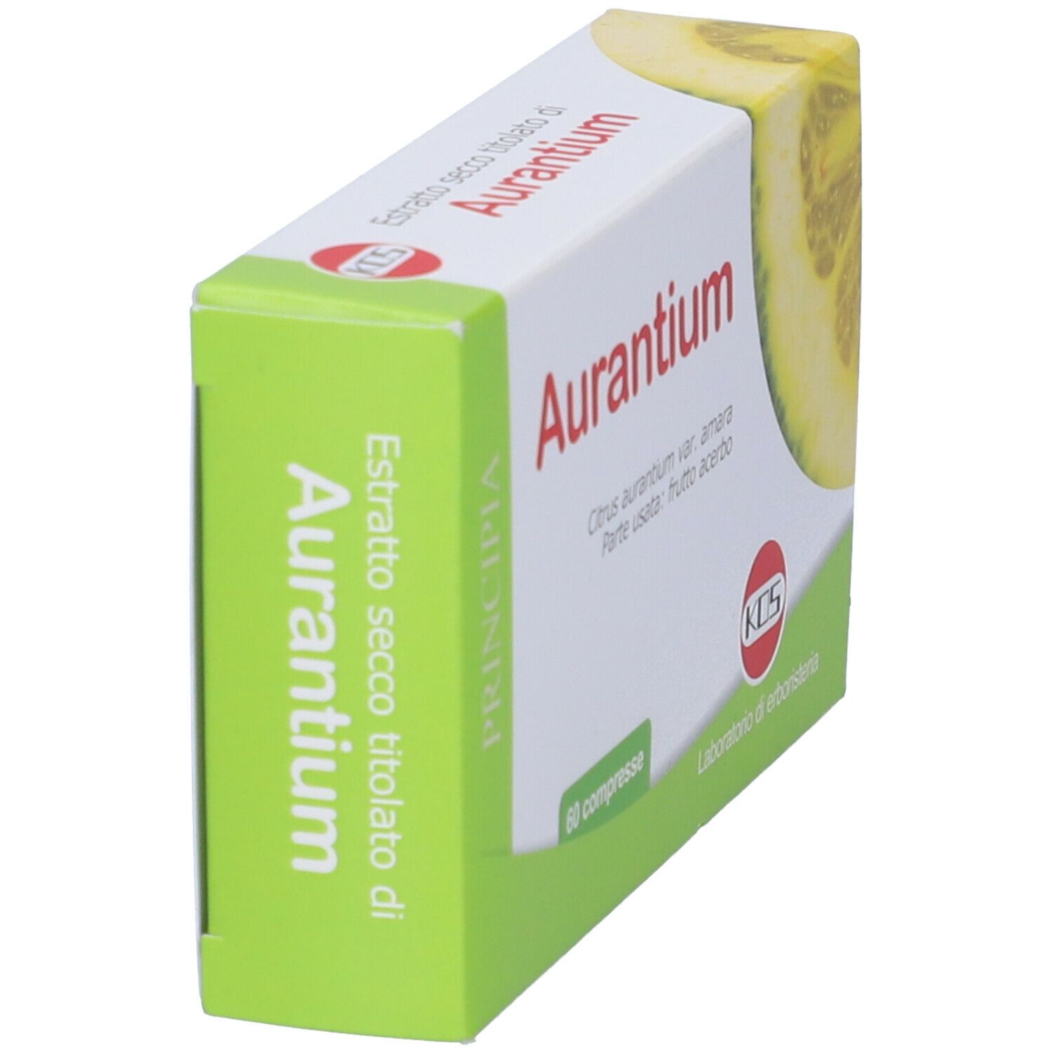 Scatola di compresse Aurantium. Scritta: Aurantium, 60 compresse. Logo KOS. Illustrazione di limone.
