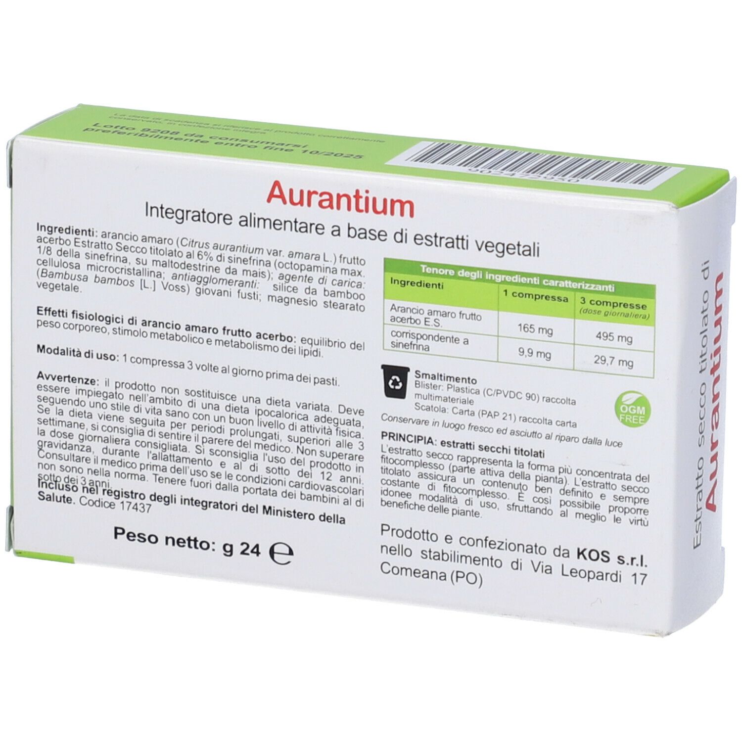 Retro della scatola di compresse Aurantium. Testo: ingredienti, dosaggio, avvertenze. Logo KOS. Peso: 24 g.