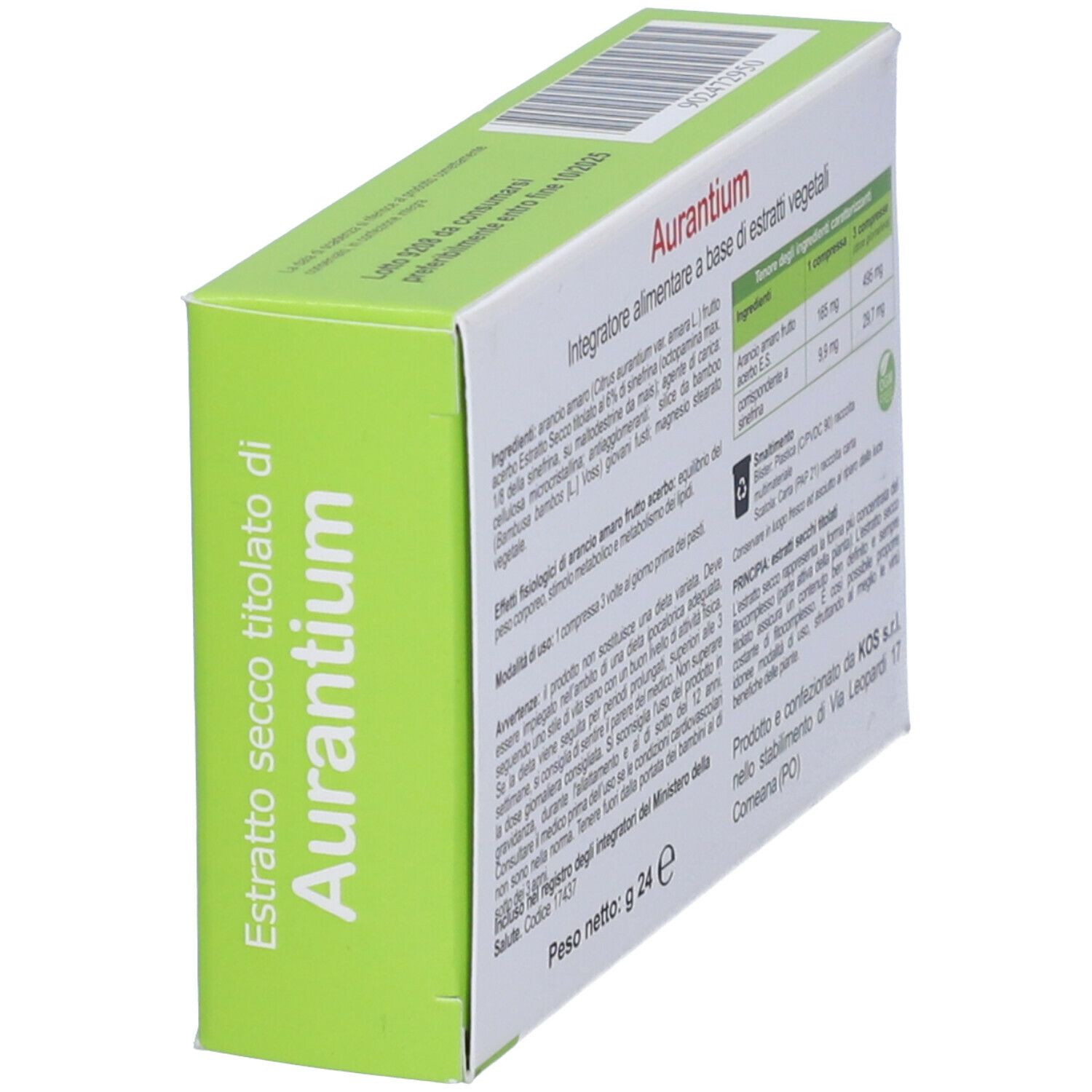 Scatola di compresse Aurantium. Testo: ingredienti, dosaggio, avvertenze. Logo KOS. Peso: 24 g.