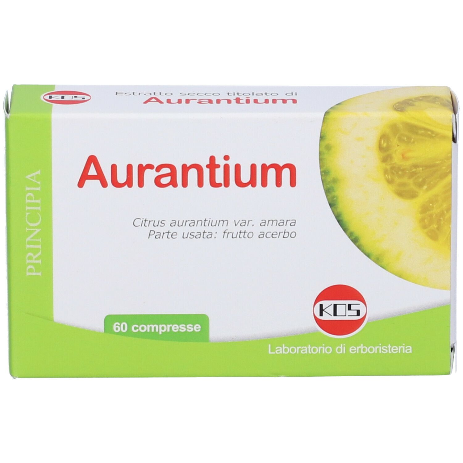 Scatola di compresse Aurantium. Scritta: Aurantium, 60 compresse. Logo KOS. Illustrazione di limone.