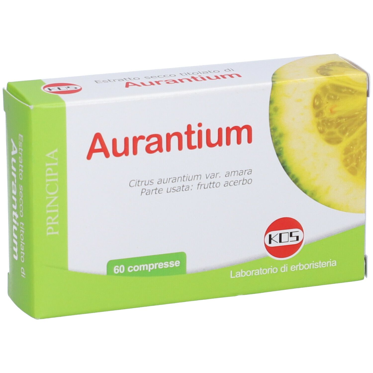 Scatola di compresse Aurantium. Scritta: Aurantium, 60 compresse. Logo KOS. Illustrazione di limone.